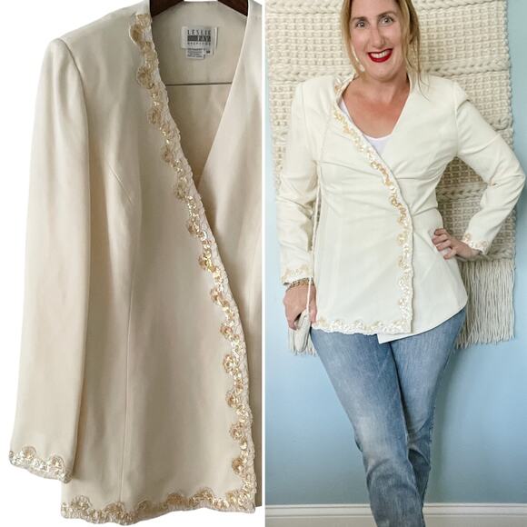 Vintage cream/ivory Sequin Lace Trim Evening Jacket Formal blazer size 10 medium - Picture 8 of 8